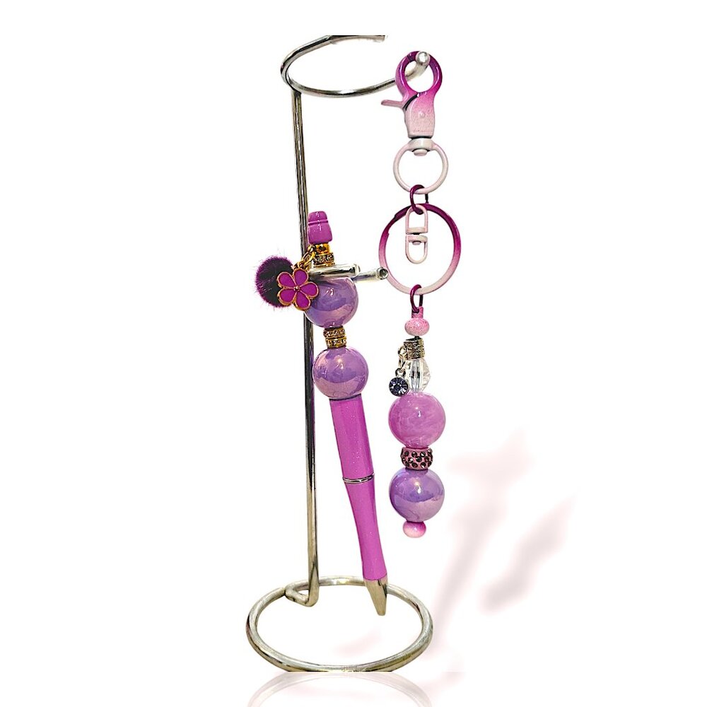 Pink Purple Bubble Bead Pen & Keychain Set, Floral Charm Sparkle, Pom Pom Accent